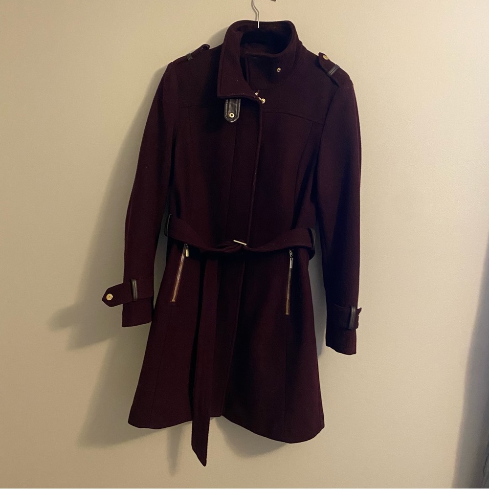 Cole Haan Winter Wool Coat in Burgundy with gold hardware